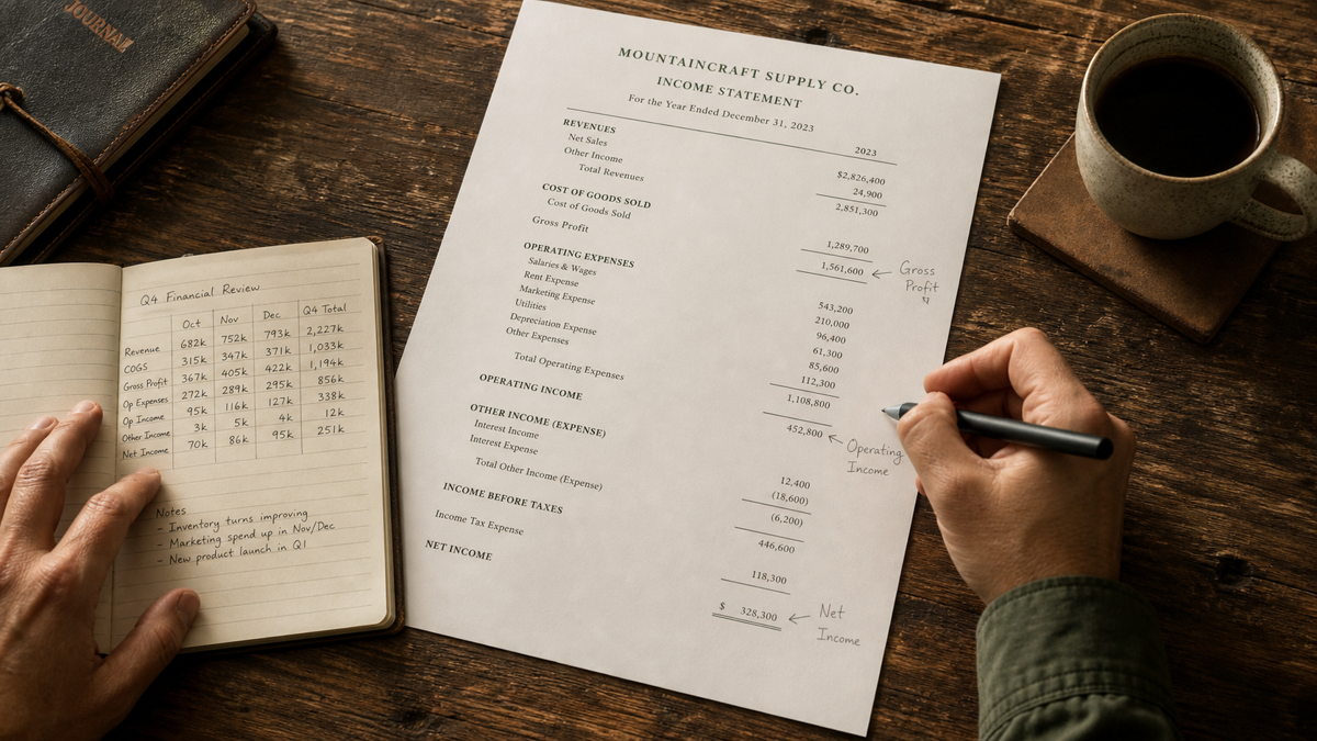 A business owner reviewing an income statement and notes on a desk
