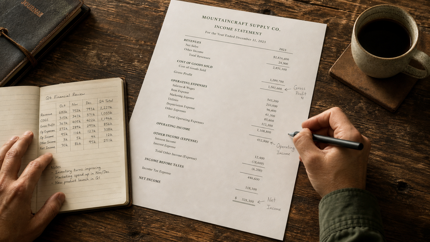 A business owner reviewing an income statement and notes on a desk