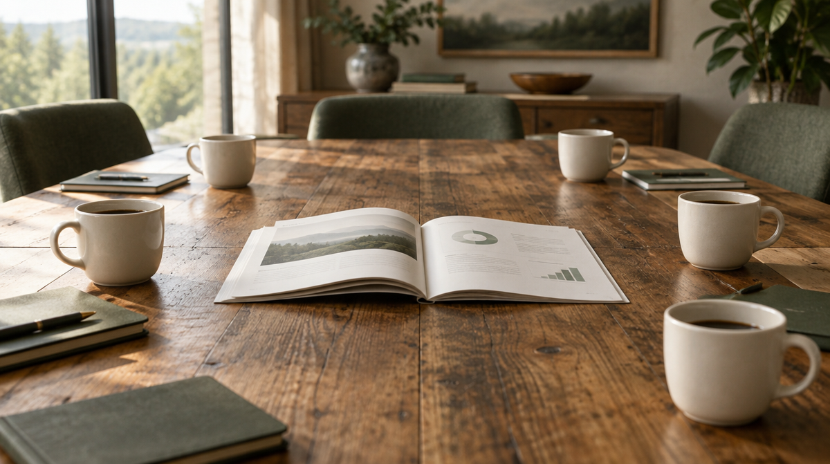 A ring of identical coffee cups around an open report on a reclaimed wood conference table