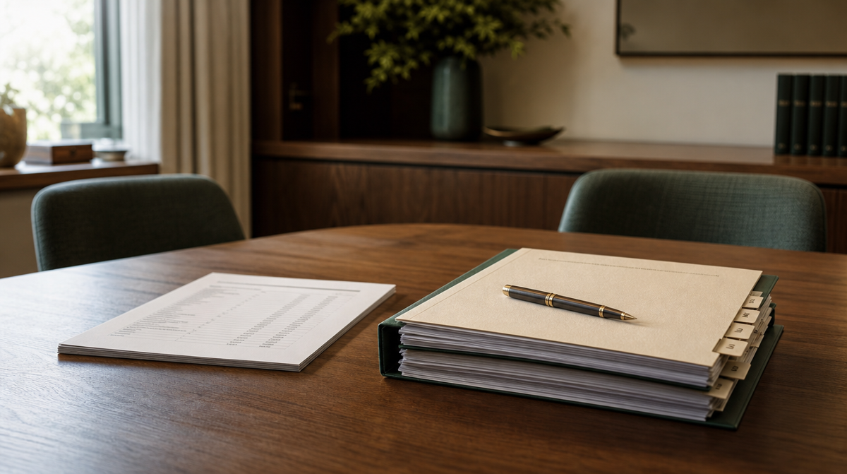 A thin listing sheet beside a thick tabbed deal file on a walnut conference table