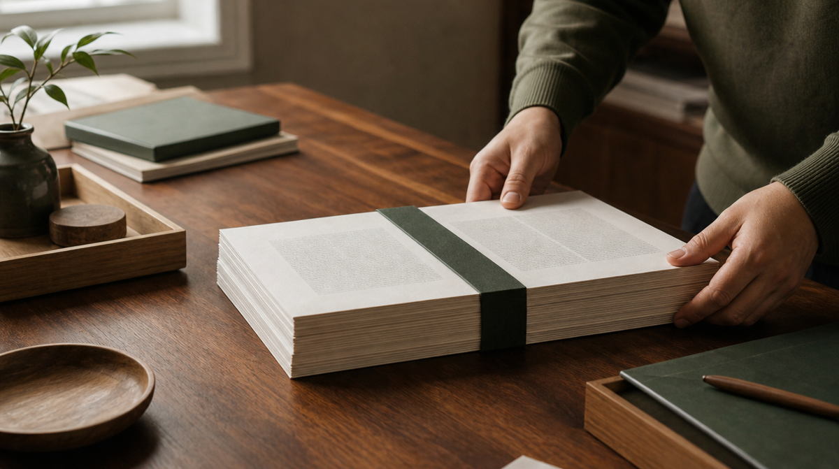 Two stacks of paper brought together and bound with a single band, hands squaring the edges